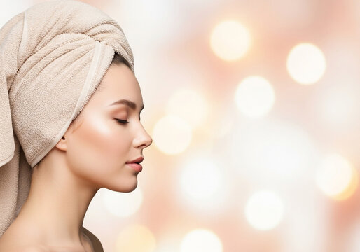 Elegant profile of a woman with a towel wrap and soft bokeh background, a serene skincare scene perfect for cosmetics promotion or spa branding