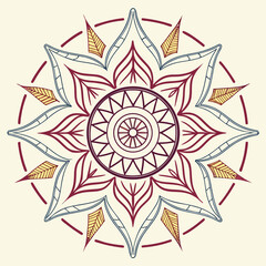Vector art of elegant mandala design, featuring a central starburst motif surrounded by stylized petals and delicate lines, perfect for adding a touch of sophistication