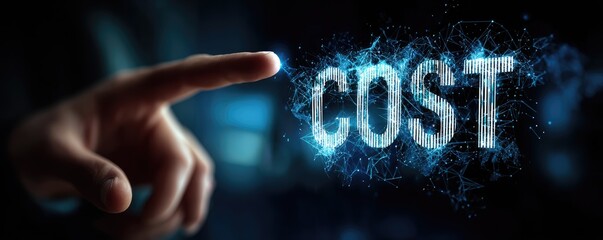 Close-up of a hand pointing at a digital word COST, composed of glowing, interconnected lines and particles