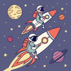 Fototapeta premium Vector art of two astronauts embark on a cosmic journey aboard their rockets, navigating through a vibrant galaxy filled with planets and stars, igniting a sense of wonder and exploration