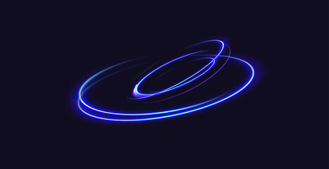 Circular light trail.Blue neon circle light.Blue glowing rings of light spinning.