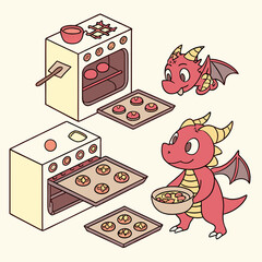 Vector art of two cute dragons are baking cookies in two ovens, one is holding a bowl of dough, , trays of cookies are visible, isometric view