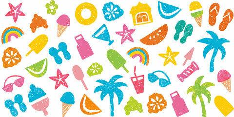 Vibrant summer pattern with beach and tropical icons in bright colors