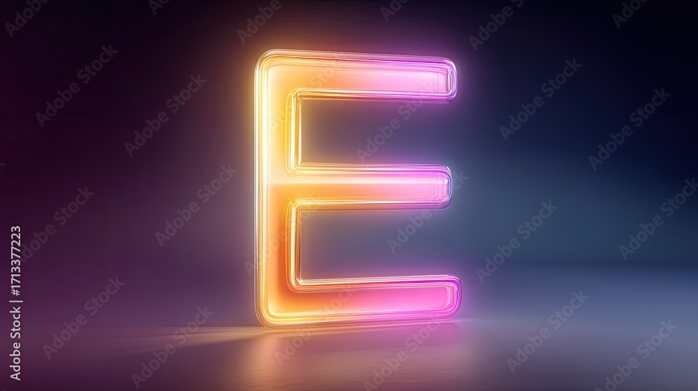 Poster closeup of glowing neon letter e, showcasing vibrant colors and modern design that adds dynamic touc