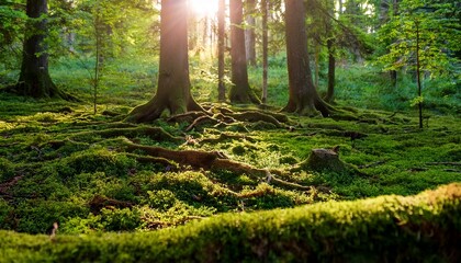 Fototapeta premium Sunlit Forest Floor Covered In Lush Green Moss And Ancient Tree Roots