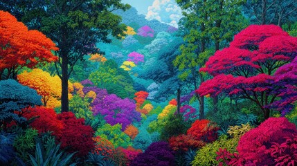 Vibrant, Colorful Forest Landscape with Lush, Diverse Foliage and Rolling Hills