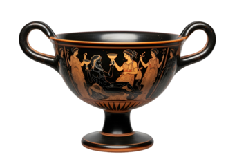 Ancient Greek pottery vessel, intricately decorated with figures engaged in a celebratory scene, showcasing black-figure style.