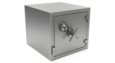 A sleek, modern metallic safe with a rotating dial and cross-shaped handle, isolated on a white background.