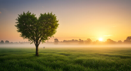 Heart-shaped tree in misty field at golden sunrise, symbolizing love, nature, and environmental hope