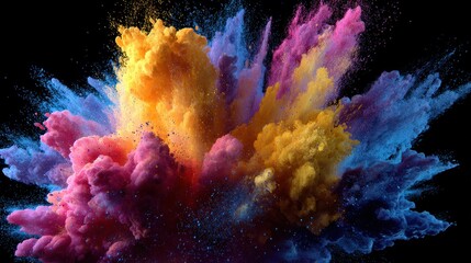Vibrant explosion of pink, yellow, and blue powder against a black background