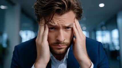 Stressed businessman portrait modern office male adult with hands temples worry and anxiety over workforce reduction jobs slowdown economy crisis unemployment headache overwhelmed and reflective