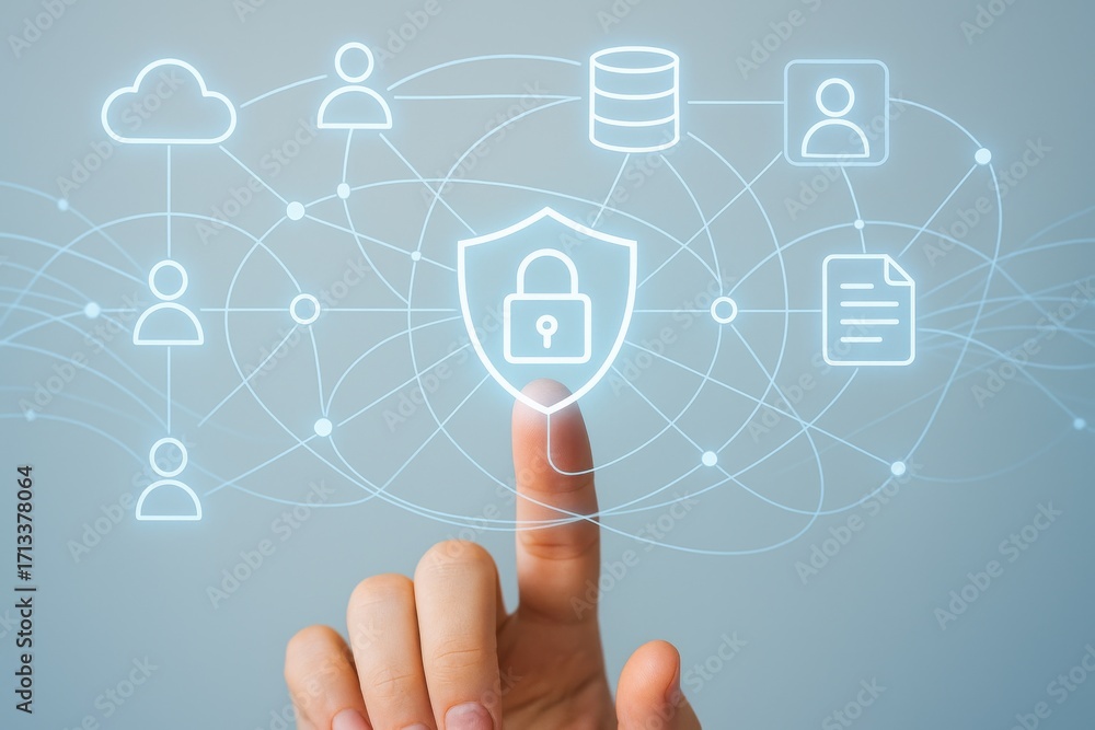 Aufkleber digital security concept with finger touching shield and data icons in modern technology environment