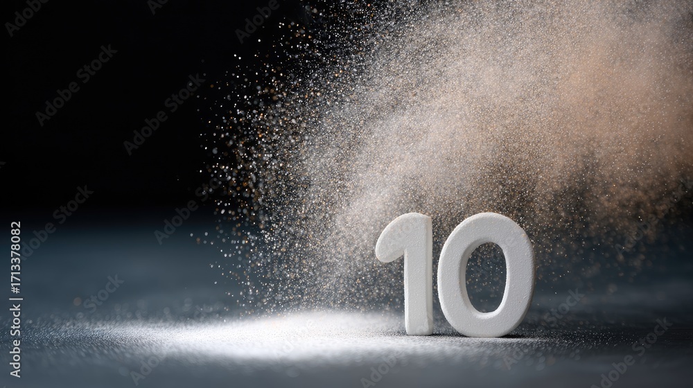 Poster closeup of number 10, crafted from white material, surrounded by cloud of fine dust particles, creat