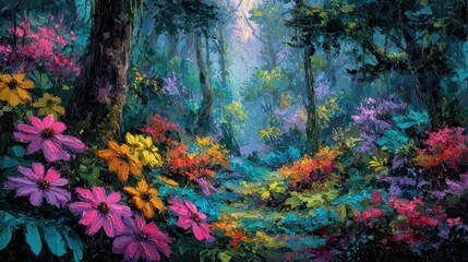 Vibrant Floral Path Through Enchanting Mystical Forest