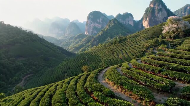 Mountain tea gardens natural scenery tea garden scenery and mountains