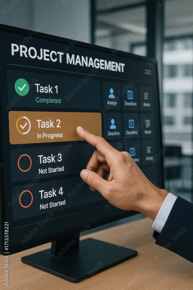 Aufkleber Person Selecting Task in Project Management Software with User Interface on Desktop Screen