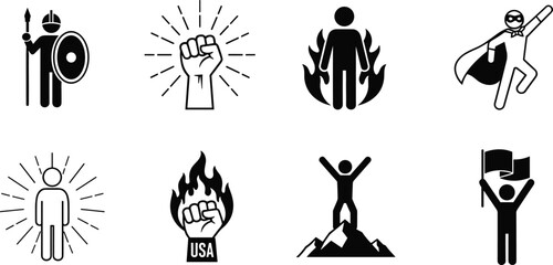 Empowerment icons, hero silhouettes, strength symbols, activist graphics, victory poses, patriotic power, leadership visuals, motivational figures, resistance art,