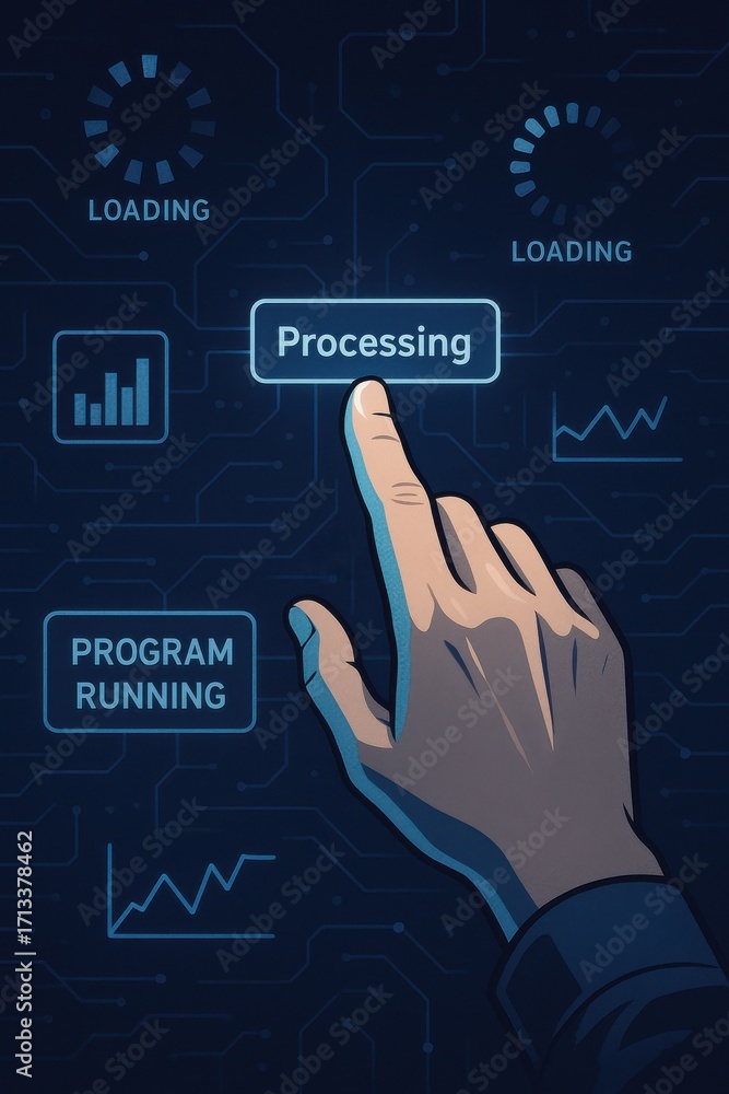 Aufkleber hand interacting with digital interface showing loading and processing signals in technology backgro