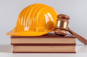 Yellow hard hat, gavel, and books