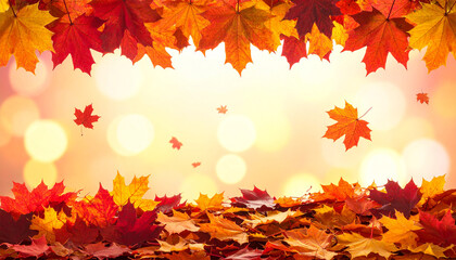 Autumn Leaf Cascade: A vibrant display of autumn leaves, cascading down with their warm hues on a radiant, sun-kissed background, conveying the season's cozy atmosphere.