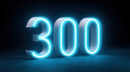 Bright glowing numbers in neon blue, showcasing number 300 against dark background, creating modern and vibrant atmosphere. This striking visual captures attention and evokes sense of excitement