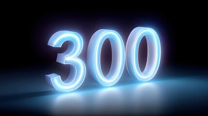 Bright glowing numbers in neon blue, showcasing number 300 against dark background, creating modern and vibrant visual effect. This captures sense of energy and excitement