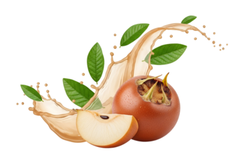 A close-up view of a loquat fruit and a pear slice with splashes of light beige liquid, and vibrant green leaves, against a striking black background.