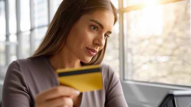Young woman holding credit card smartphone and mobile device showing consumer confidence online payment and secure mobile shopping with laptop