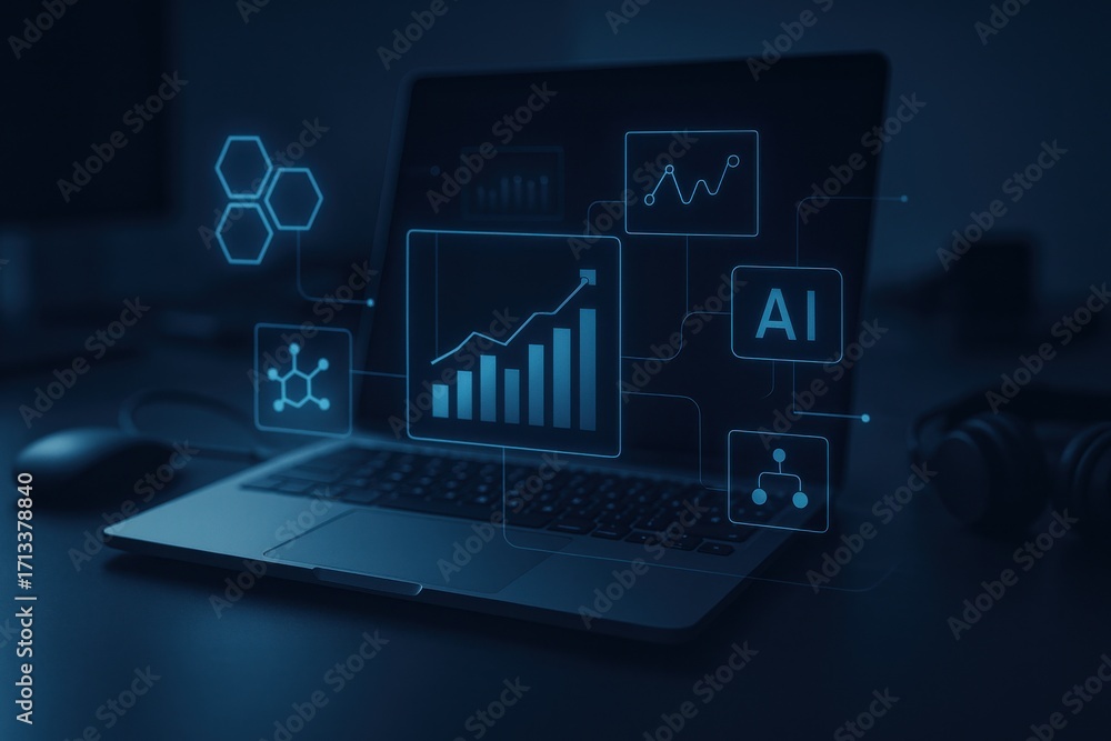 Leinwandbilder modern laptop displaying data analysis and ai concepts with graphs and digital elements