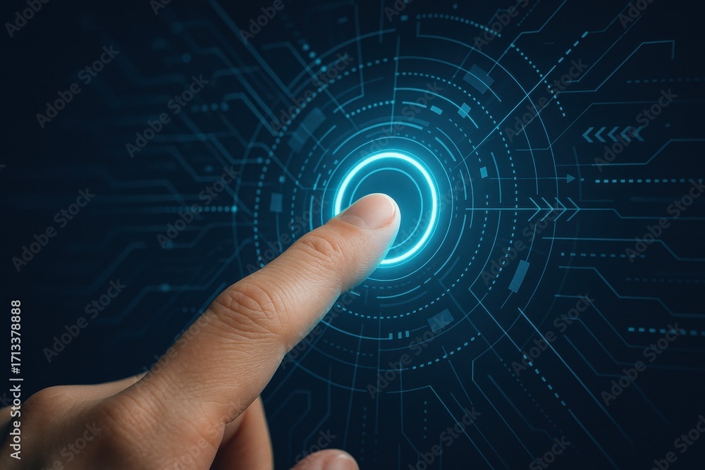 Aufkleber futuristic hand touching digital interface with blue light circles and circuit patterns