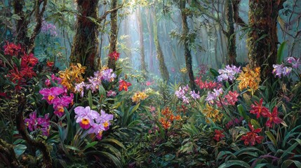Vibrant Orchid Forest Painting, Sunlight Filtering Through Trees