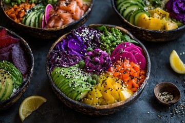 Vibrant Poke Bowls Overflowing with Fresh Ingredients and Toppings