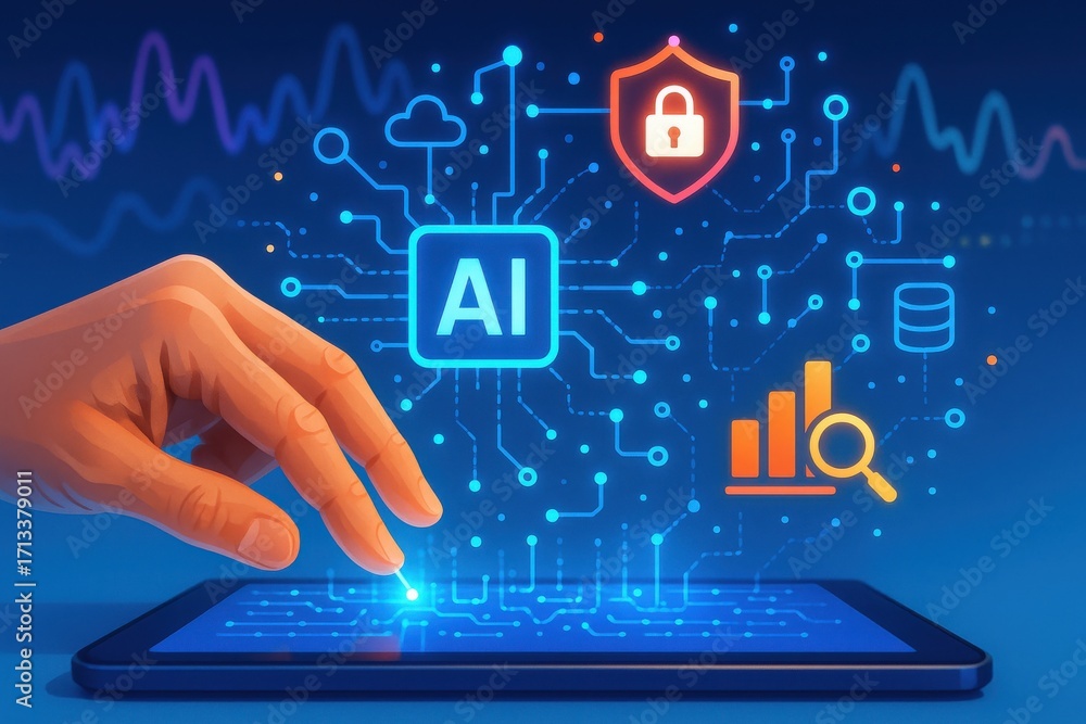 Poster hand interacting with digital ai concept on tablet screen representing technology and innovation