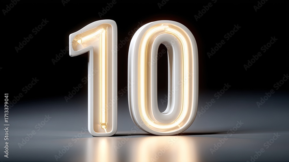 Poster glowing number 10 in futuristic style, illuminated with soft light against dark background, creates 
