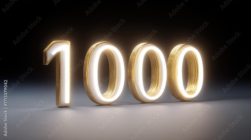 Poster glowing number 1000 in futuristic style, illuminated with golden hue, creating striking visual effec