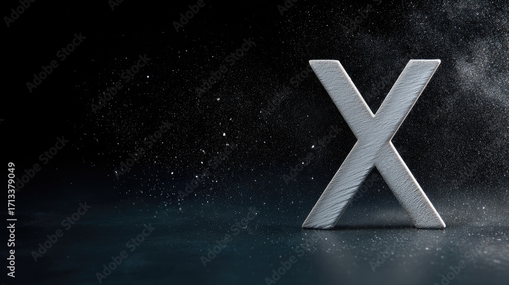 Poster closeup of rustic chalk letter x dark background, surrounded by soft dusting of particles, creating 