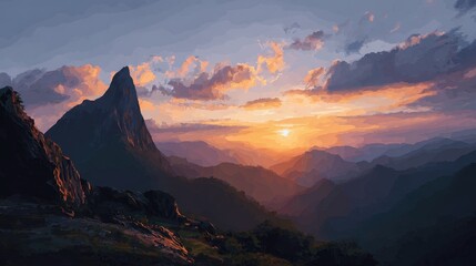 Vibrant Sunset over Majestic Layered Mountains with Dramatic Peak