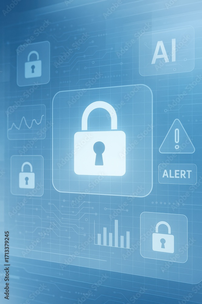 Poster digital security concept with lock icon and alert notification in blue technology background