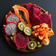 Vibrant Tropical Fruit Platter: Dragon Fruit, Papaya, Kiwi, and Pomegranate