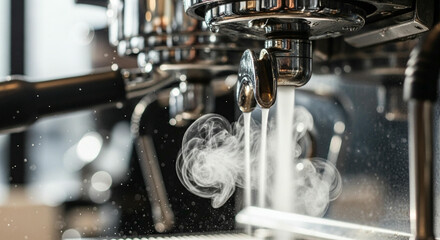 Close up of espresso machine nozzle releasing hot water and steam 
