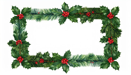 Festive Frame of Greenery: An elegant rectangular frame composed of vibrant green holly leaves, pine needles, and bright red berries, evoking a sense of holiday cheer and seasonal decoration.