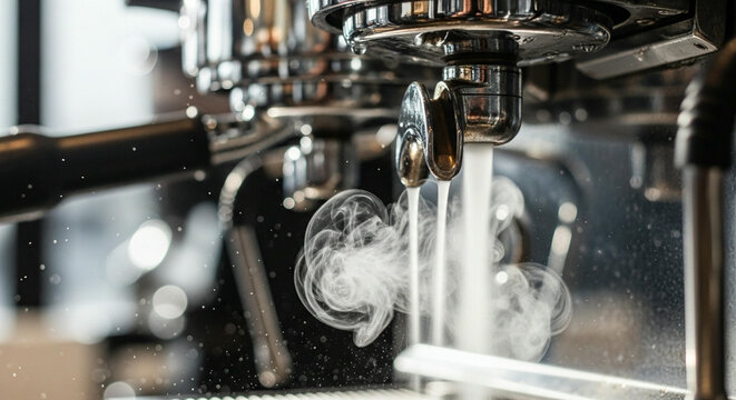 Close up of espresso machine nozzle releasing hot water and steam 
