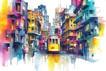 Vibrant Watercolor City Street Painting with Yellow Tram and Colorful Abstract Buildings