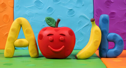 Playful clay letters and fruit, including a smiling red apple and yellow banana.