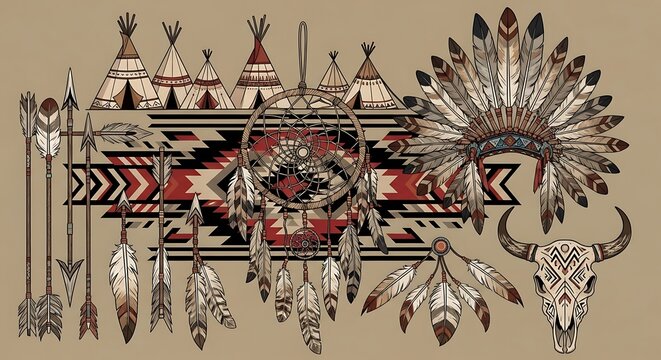 Native American cultural symbols - teepees, arrows, dreamcatcher, headdress, skull.