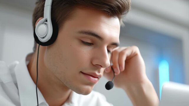 Young man wearing headset focused laptop office for software developer training call center environment attentive motivated learning and practical