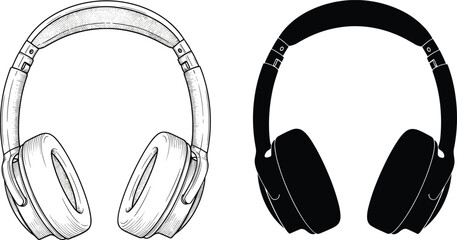 Headphone icons, audio gear, music accessory, over-ear headphones, tech illustration, sound device, listening tool, black and white, silhouette and outline, stereo equipment, gadget design