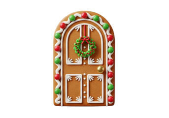 A festive gingerbread archway door, decorated with icing, festive green and red balls, and a Christmas wreath.