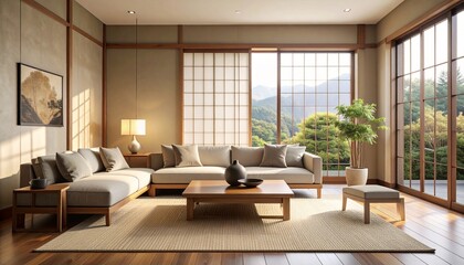 Elegant and tranquil living space with Japanese minimalist decor overlooking a lush, sunlit garden and mountains