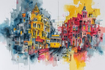 Vibrant Watercolor Painting of a Yellow Tram on a City Street with Colorful Buildings